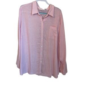 Susan Graver Size 2X Pink Linen Blend Roll Tab Button Down Shirt Classic Preppy